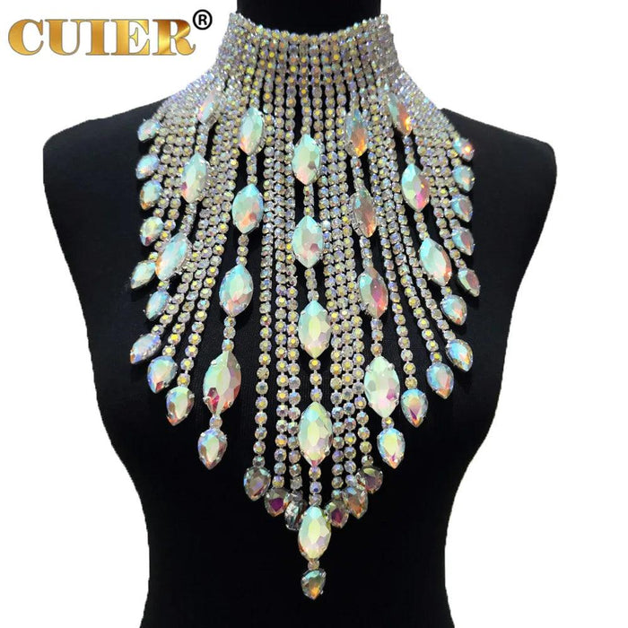 Elegant Silver Chain Choker Necklace with Crystal AB Rhinestone Tassels - Perfect for Weddings and Glamorous Occasions