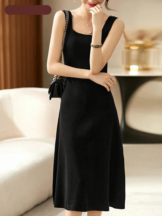 Chic Black Knitted Midi Dress with Square Neck and Spaghetti Straps