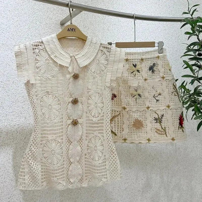 2-Piece Embroidered O-Neck Top and Short Skirt Set for Women