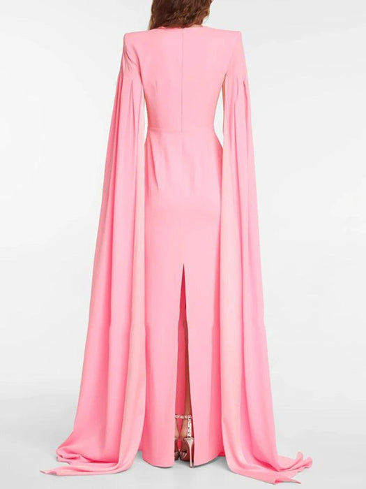 Chic Customizable Blush Evening Gown with Long Sleeves and Structured Shoulders for Fall 2024