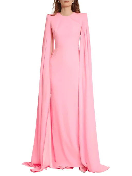 Chic Customizable Blush Evening Gown with Long Sleeves and Structured Shoulders for Fall 2024