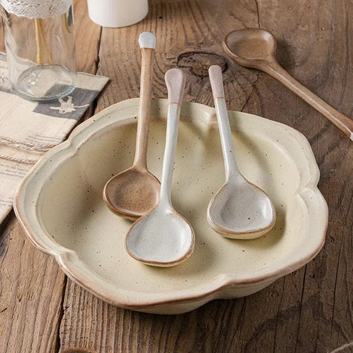 Japanese-Inspired Vintage Stoneware Soup Spoon with Extended Handle - Elegant Kitchen Tableware for 2024