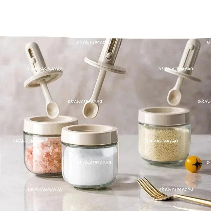 Gourmet Spice Jar Set with Integrated Spoon Lid and Airtight Storage Box