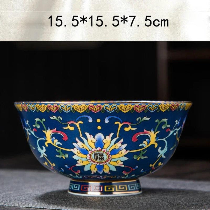 Ornate Chinese Ceramic Salad Bowl Set with Gold Trim - Elegant Enamel Tableware for Stylish Dining