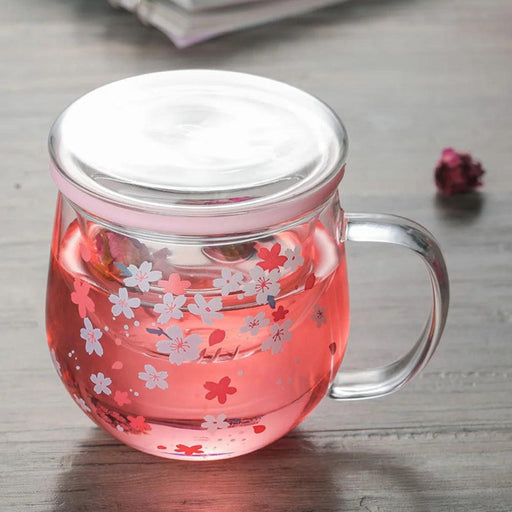 Sakura Blossom 300ml Heat-Resistant Glass Tea Mug Set with Infuser and Lid