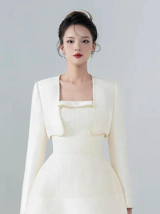 Chic 2-Piece Elegant Dress Set with Bowknot High Waist and Short Coat for Summer 2024