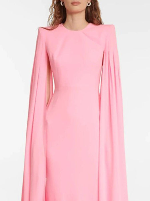 Chic Customizable Blush Evening Gown with Long Sleeves and Structured Shoulders for Fall 2024