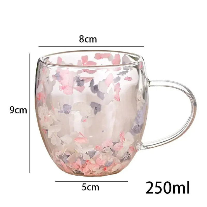 Elegant Double Walled Floral Glass Mug - High Borosilicate Coffee and Tea Cup with Handle