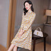 Elegant Floral A-line Silk Dress with Stand Neck for Women