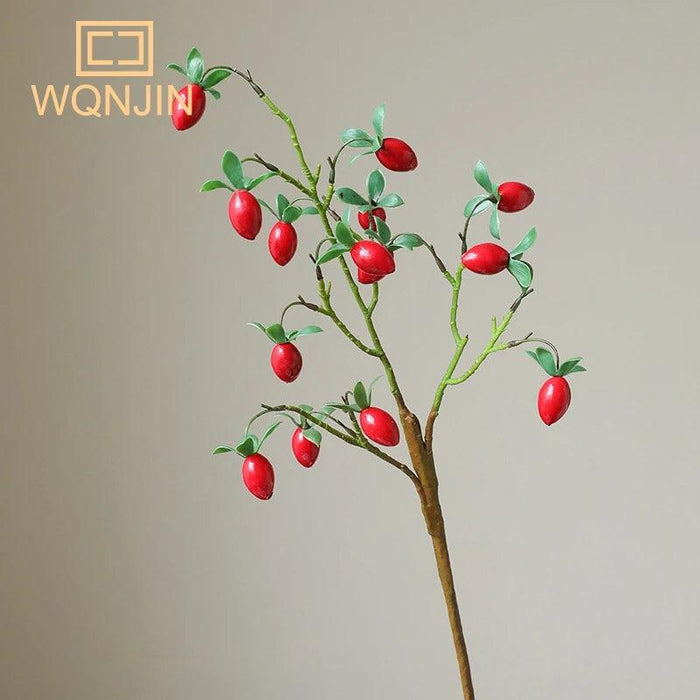 Festive Red Pomegranate Floral Branch with Lush Greenery