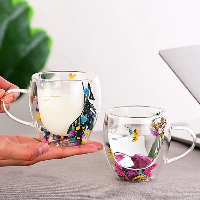 Elegant Double-Wall Glass Mug with Real Dried Flower Infusion - Heat-Resistant Tea and Coffee Cup with Stylish Handles