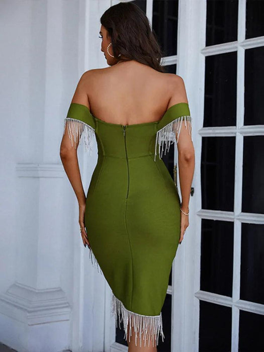 Sizzling Army Green Off Shoulder Mini Dress with Vibrant Red Diamonds - Summer 2023 Glam Collection