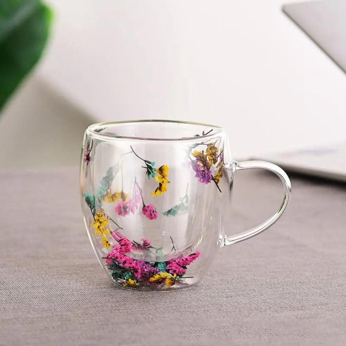 Elegant Double-Wall Glass Mug with Real Dried Flower Infusion - Heat-Resistant Tea and Coffee Cup with Stylish Handles