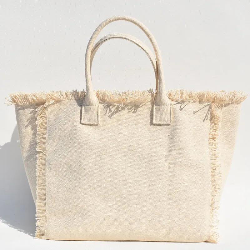 Personalized Trendy Fringed Canvas Tote with Stylish Ruffles