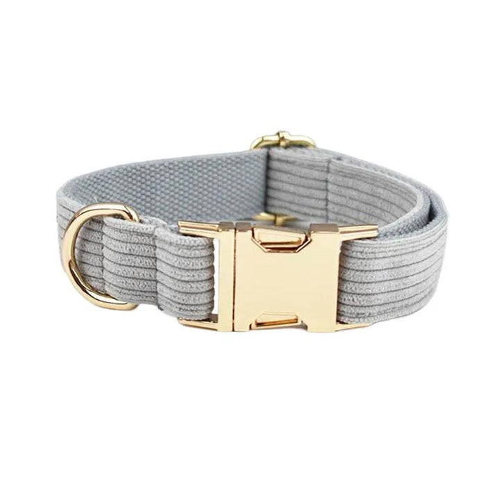 Personalized Light Grey Corduroy Dog Collar and Leash Set with Stylish Accessories