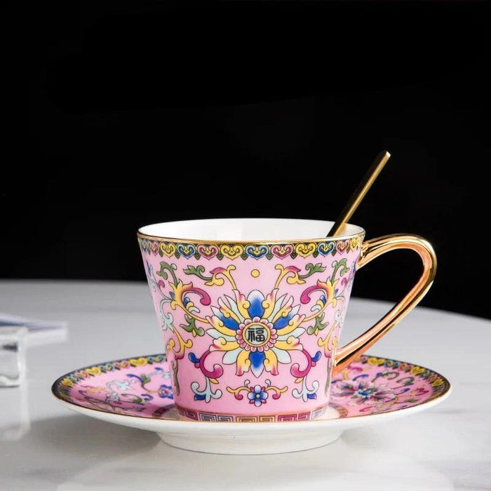 Royal Heritage Enamel Porcelain Tea and Coffee Cup Set with Artistic Borders