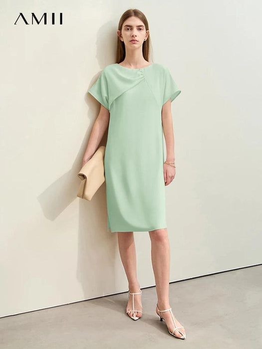 Amii Chic Asymmetrical Summer Chiffon Dress with Pleated Neckline and Breezy Short Sleeves