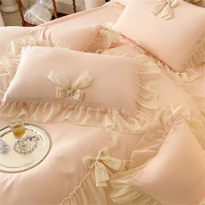 Elegant French Lace Ruffled Duvet Cover Set - Luxurious Bedding Ensemble with Bow Accents, Soft Sheets and Pillowcases