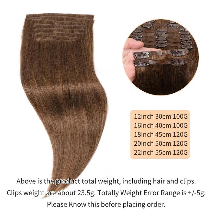 Invisible Seamless Clip-In Human Hair Extensions - 8 Piece Set, 100G/120G, 12-22 Inch Lengths