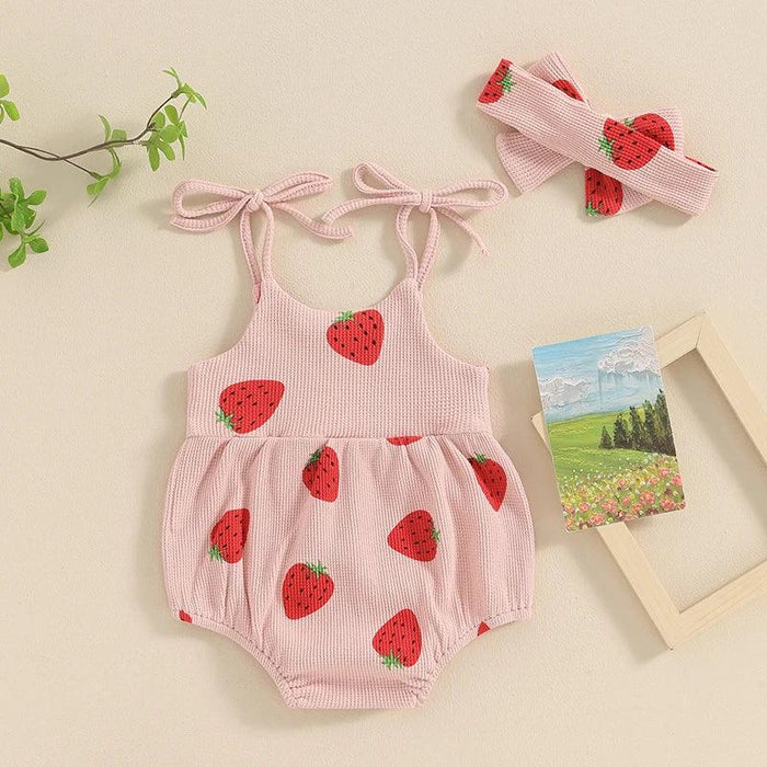 Charming Strawberry Print Summer Romper and Headband Set for Baby Girls (3-24 Months)