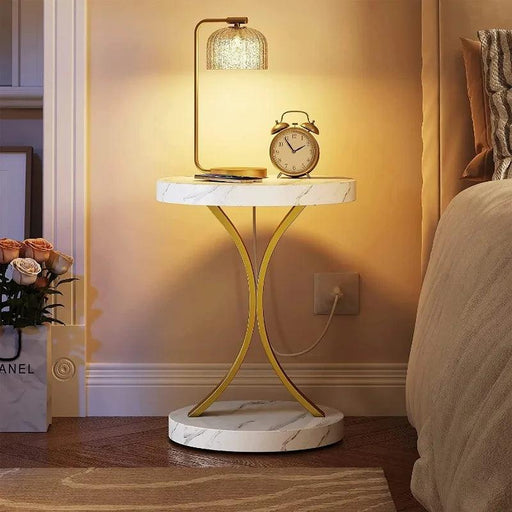 Chic Gold and White Faux Marble Side Table with Modern C-Frame Design