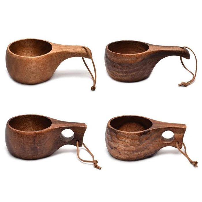 Acacia Wood Finland Kuksa Travel Mug with Handle and Leather Rope Holder - Stylish Drinkware for Coffee, Tea, and Juice