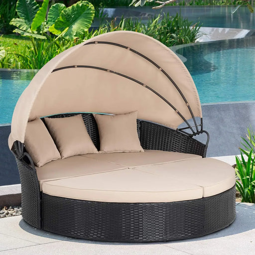 Outdoor Patio Furniture Round Daybed Set with Retractable Canopy - Black Wicker Sectional Couch
