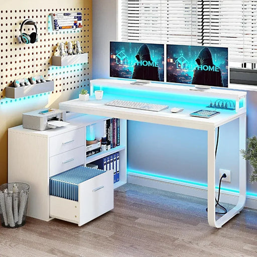 Modern L-Shaped Desk Set with Smart LED Lighting, File Cabinet, and Charging Station