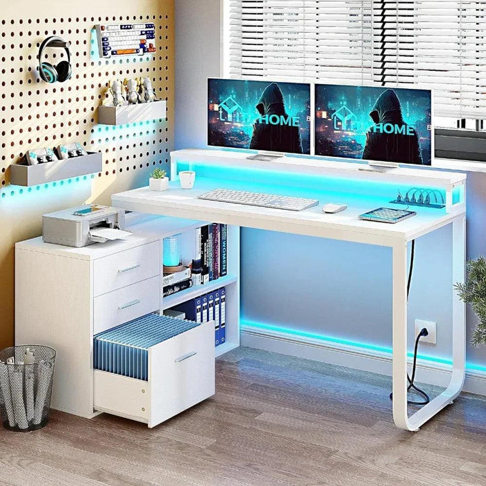 Innovative L-Shaped Office Desk with Smart LED Lighting, Ample Storage, and Built-in Charging Station