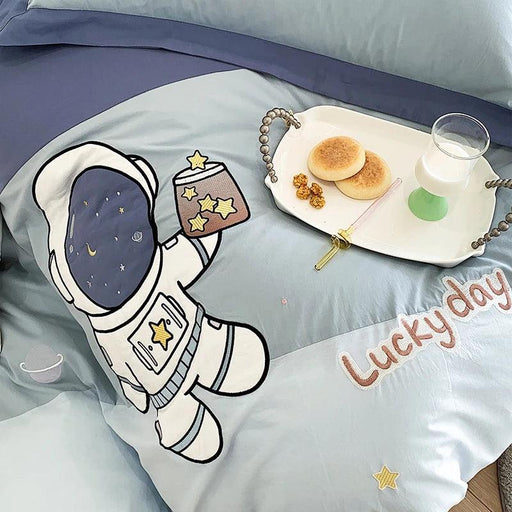 Charming Blue Cartoon Astronaut Embroidered 100% Cotton Boys Bedding Set - Single Duvet Cover, Sheet & Pillowcases - Ideal Gift for Little Explorers