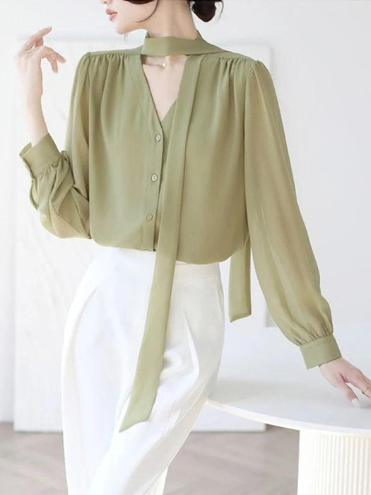 Chic Korean Chiffon Lace-Up Blouse with Puff Sleeves and V-Neck for Women