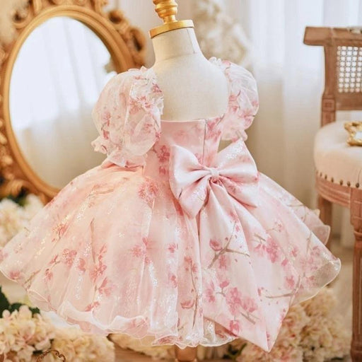 Charming Bow-Print Puff Sleeve Evening Dress for Girls