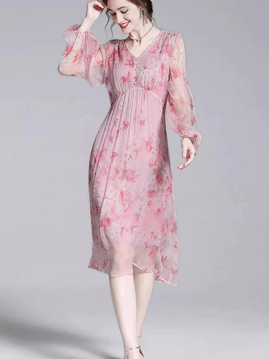 Chic V-Neck Puff Sleeve Mulberry Silk Dress with French Floral Print