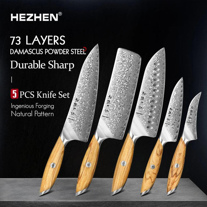 Luxury 73-Layer Damascus Steel Chef's Knife Set with Olive Wood Handles - Ideal for Gifting