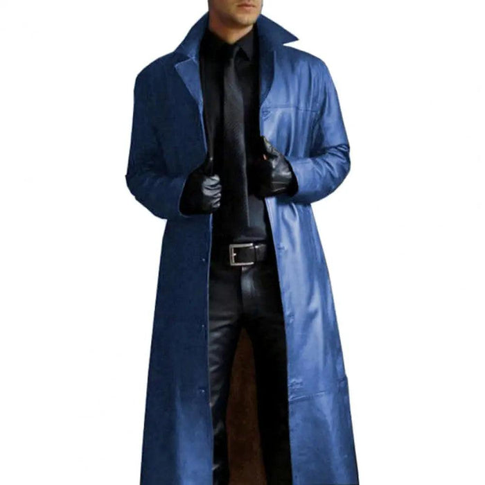 Men's Stylish Gothic Black Faux Leather Long Coat - Chic Winter Essential with Lapel Detailing