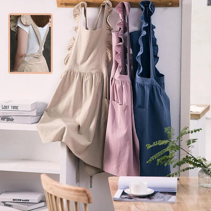 Chic Floral Ruffle Kitchen Apron for Women - Luxurious Japanese Washed Cotton Linen