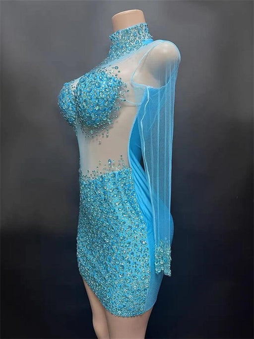 Elegant Sky Blue Sheer Evening Dress with Radiant Diamond Accents