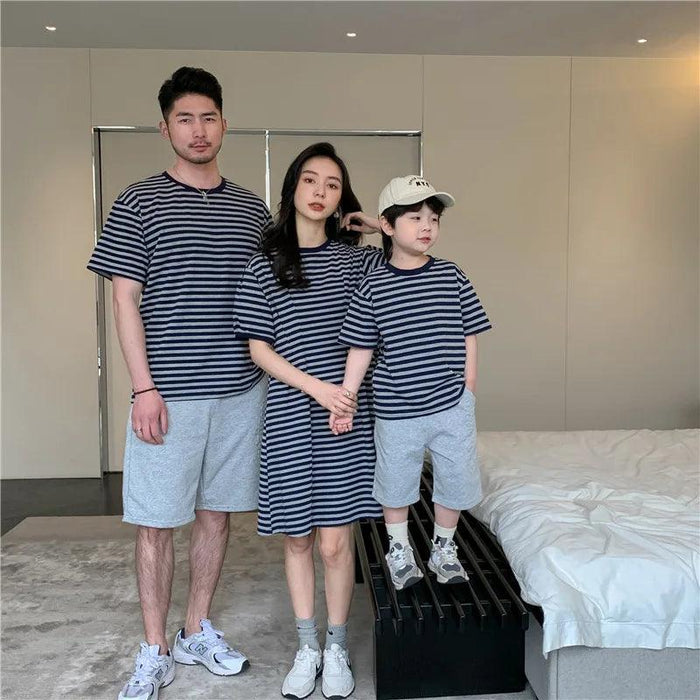 Chic Striped Family Matching Outfits for Parents and Kids in Trendy Korean Style