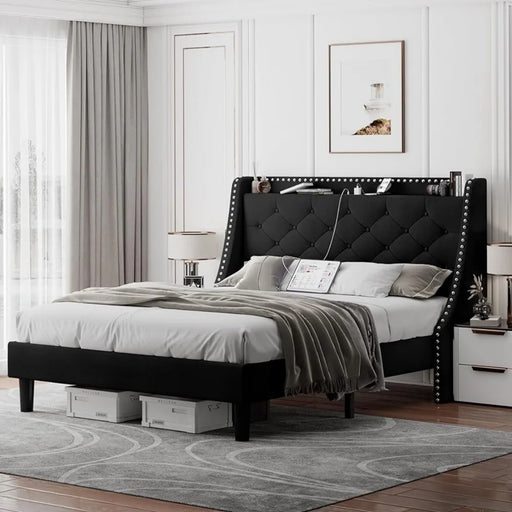 Luxurious Wingback Upholstered Bed Frame with Storage Headboard and Charging Station - Black