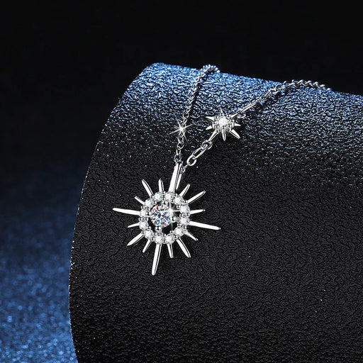 Sunflower Sunburst Sterling Silver Necklace with Lab-Diamond Hexagram Pendant: Elegant Moissanite Jewelry for Women