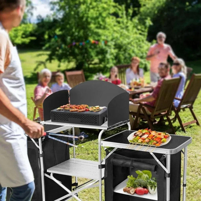 Versatile Roll-Top BBQ Table with Windscreen & Generous Storage - Black2cabinet