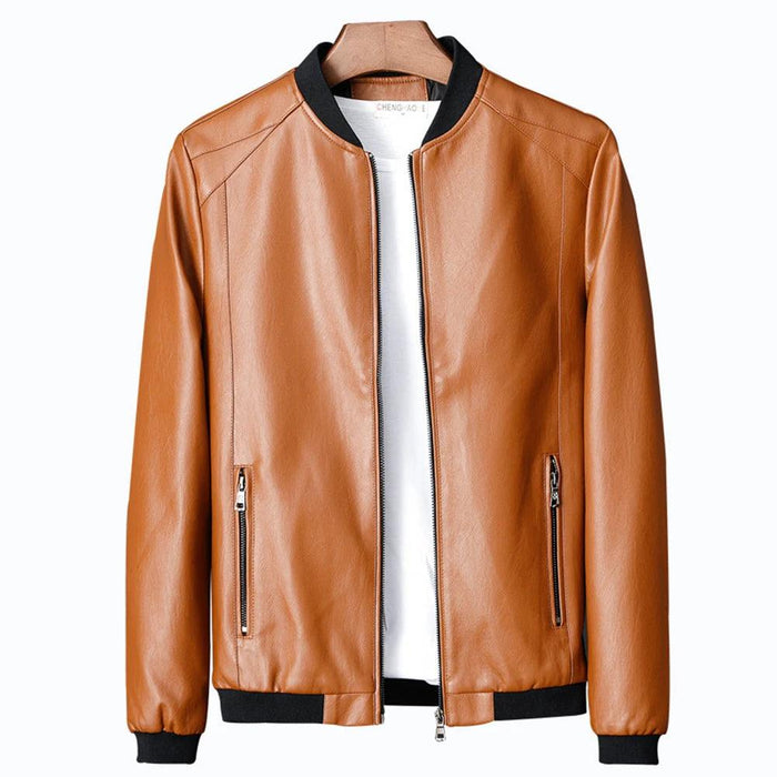 Men's Stylish Collarless Slim Fit Faux Leather Jacket - Trendy Korean Baseball Coat