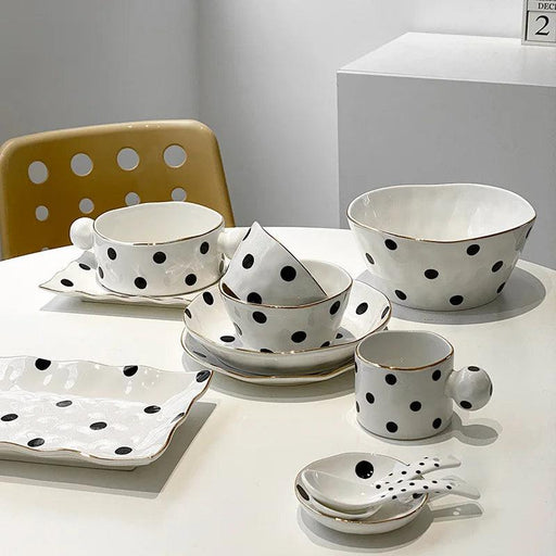 Elegant Gold-Trimmed Polka Dot Ceramic Dining Set for Sophisticated Entertaining