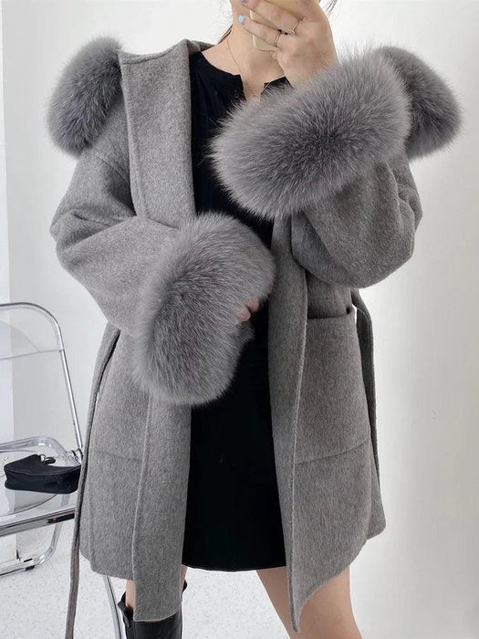 Elegant Women's Wool Blend Winter Coat with Fox Fur Trim and Cashmere Lining