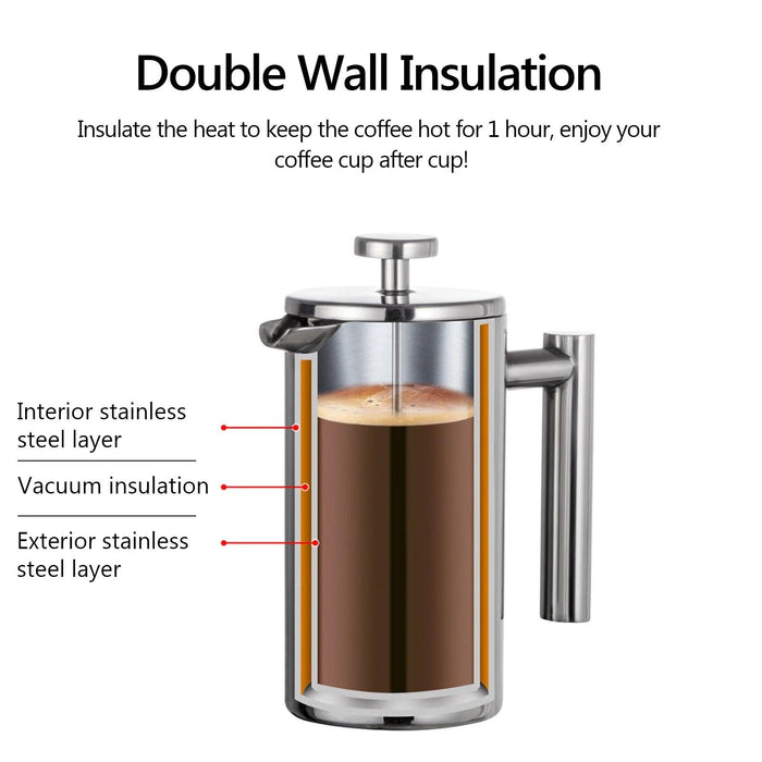 Deluxe Insulated Stainless Steel French Press - Three Sizes: 350ml, 800ml, and 1000ml