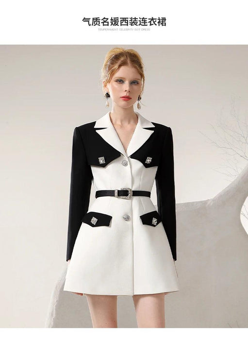 Chic Spring Black and White Business Suit Dress with Niche Waist Design