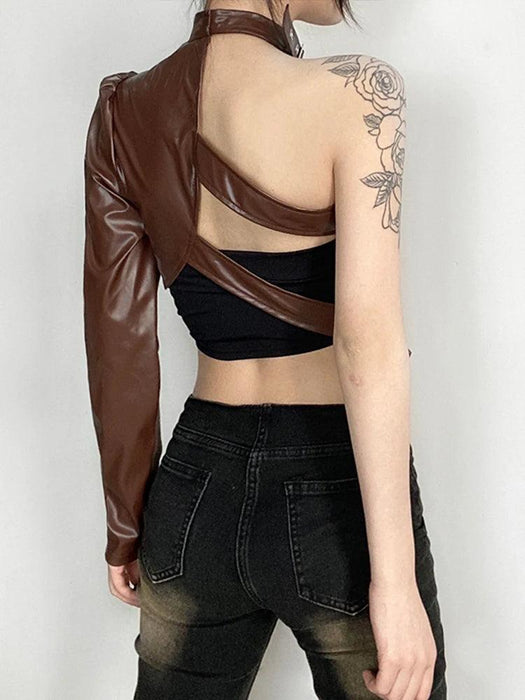 Edgy Asymmetrical Black PU Leather Cropped Halter Jacket