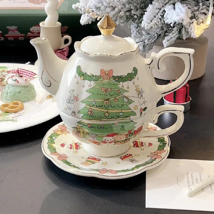 Hand-Drawn Retro Christmas Tea Set with Elegant Gift Box