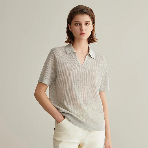 Chic Linen-Silk Blend Knitted Polo Sweater for Women