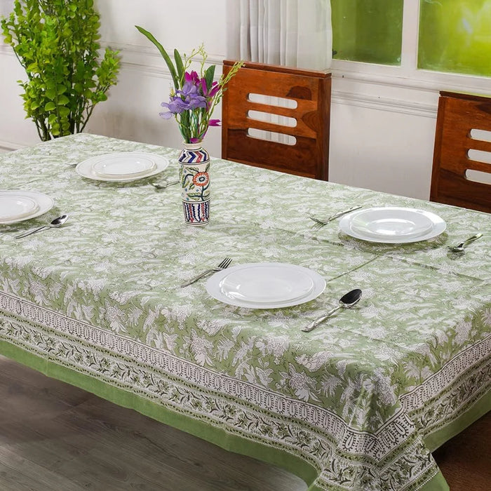 Blue-Green Floral Leaf Patterned Table Cover - Water-Resistant Dining Room Tablecloth